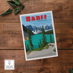 Banff National Park poster print showcasing scenic mountain views and turquoise lake, inspired by vintage art.