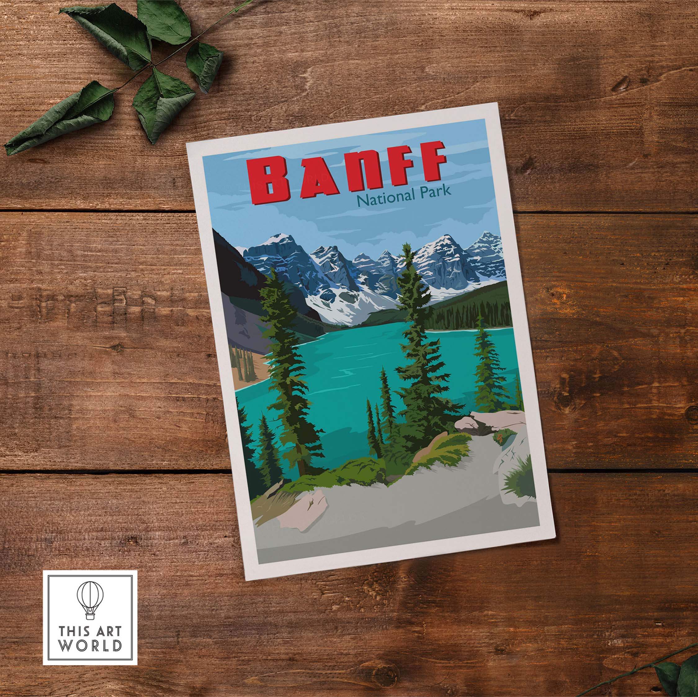 Banff National Park poster print showcasing scenic mountain views and turquoise lake, inspired by vintage art.