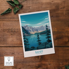 Stylish Banff National Park print showcasing mountains and lake in minimalist design, perfect for travel enthusiasts.