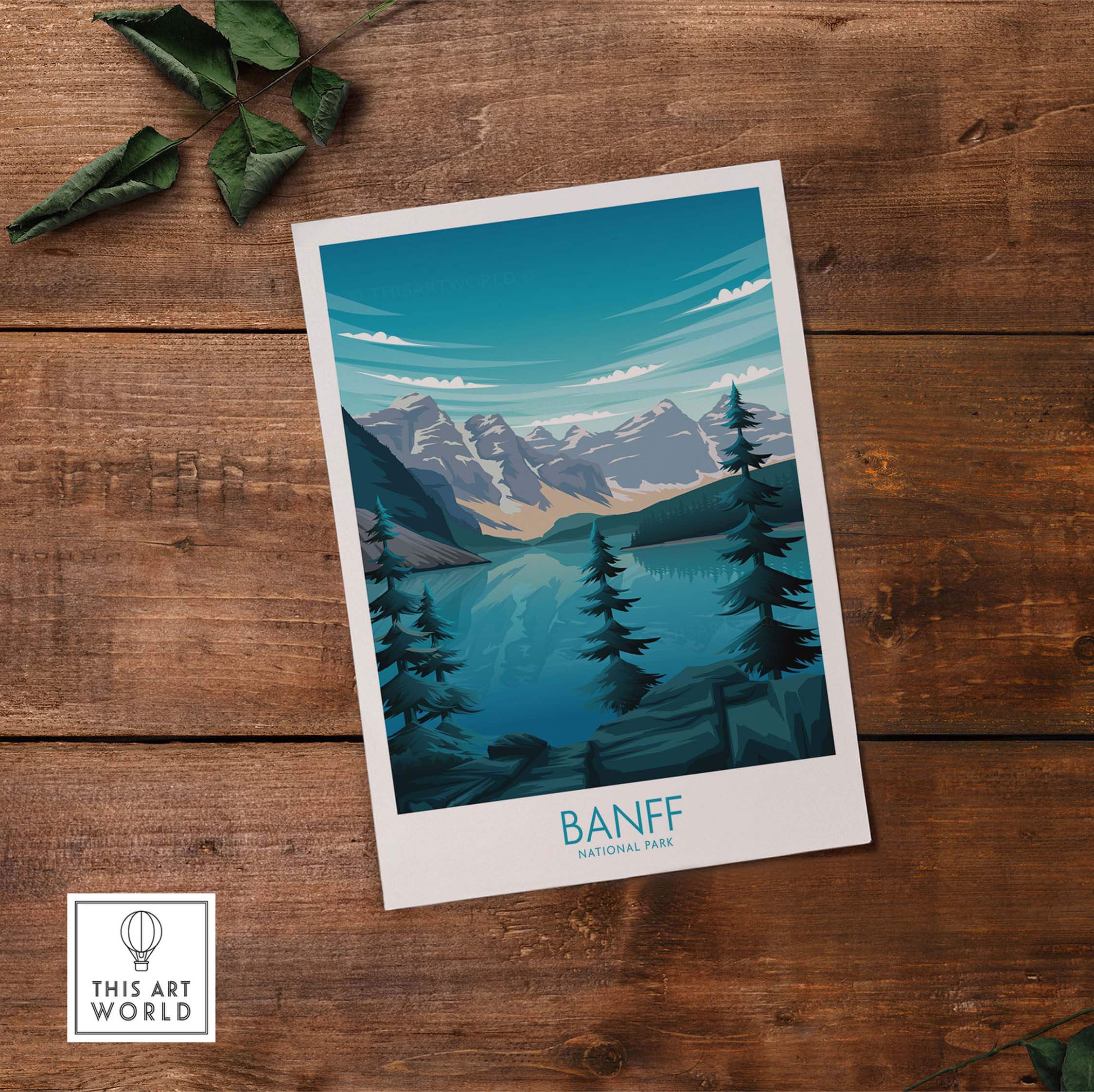 Stylish Banff National Park print showcasing mountains and lake in minimalist design, perfect for travel enthusiasts.
