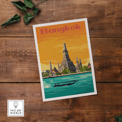 Vintage Bangkok print poster wall art showcasing a traditional temple and boat on the water, perfect for travel enthusiasts.