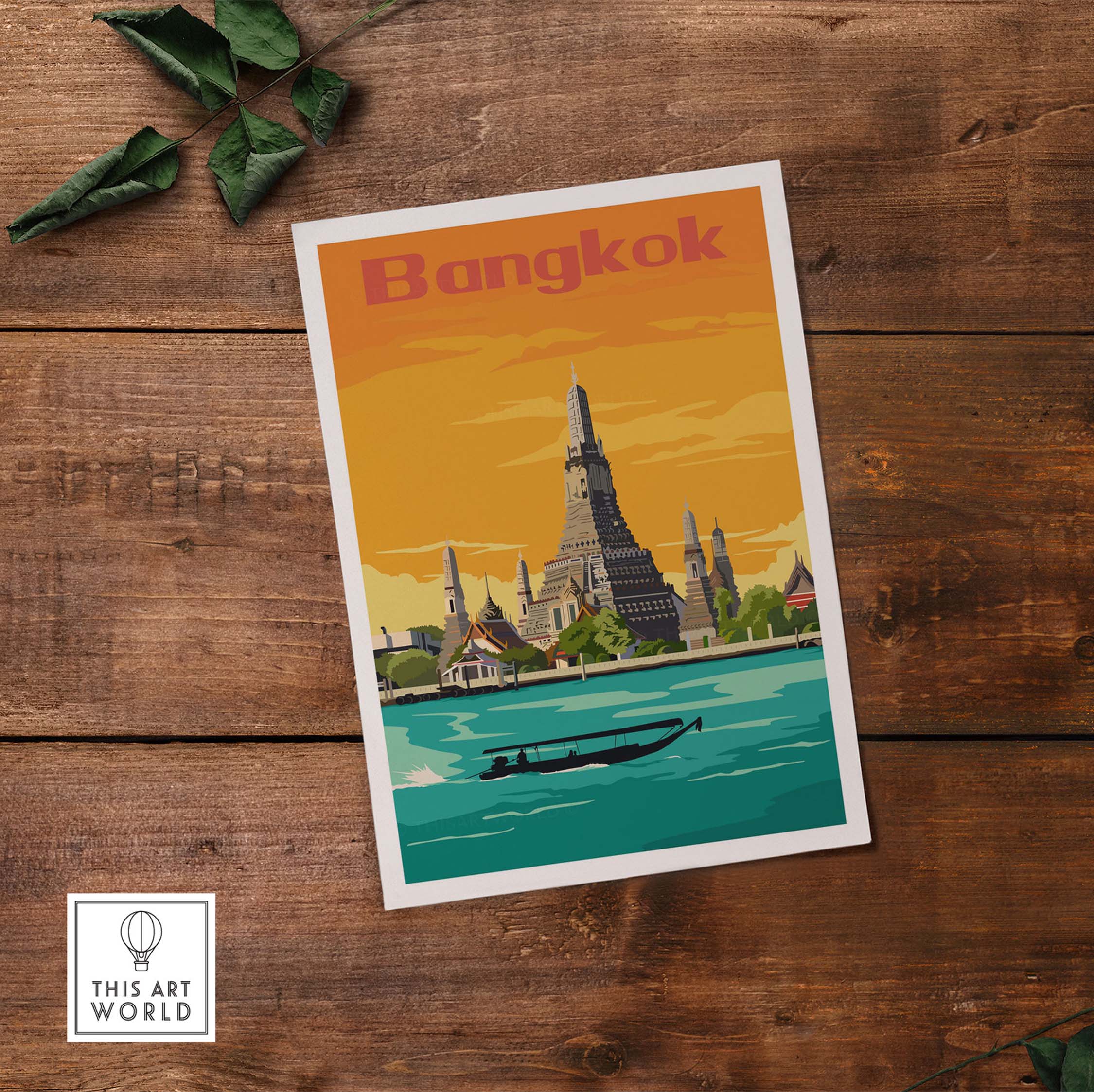 Vintage Bangkok print poster wall art showcasing a traditional temple and boat on the water, perfect for travel enthusiasts.