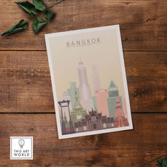 Bangkok Skyline Poster Print showcasing iconic architecture in warm pastel tones for stylish home decor.