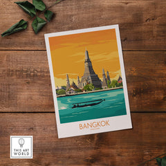 Bangkok travel poster featuring the iconic Wat Arun temple and a boat on the river, vintage style artwork for home decor.