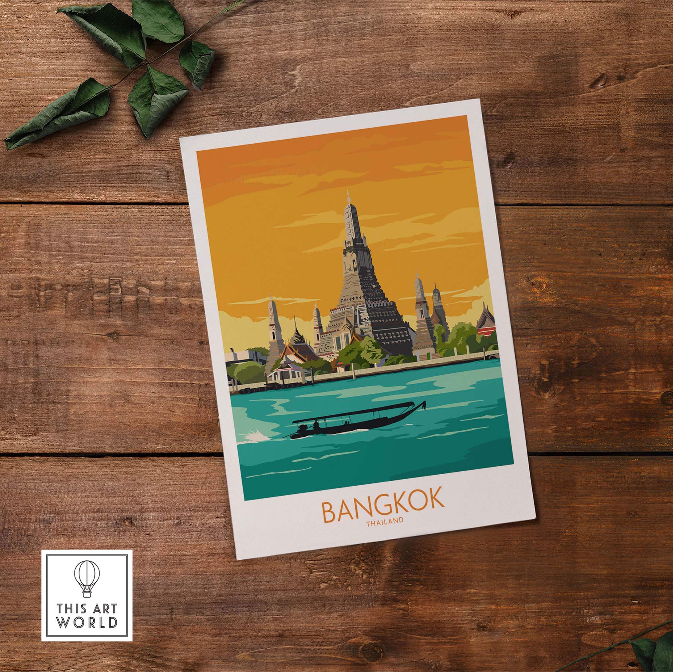 Bangkok travel poster featuring the iconic Wat Arun temple and a boat on the river, vintage style artwork for home decor.