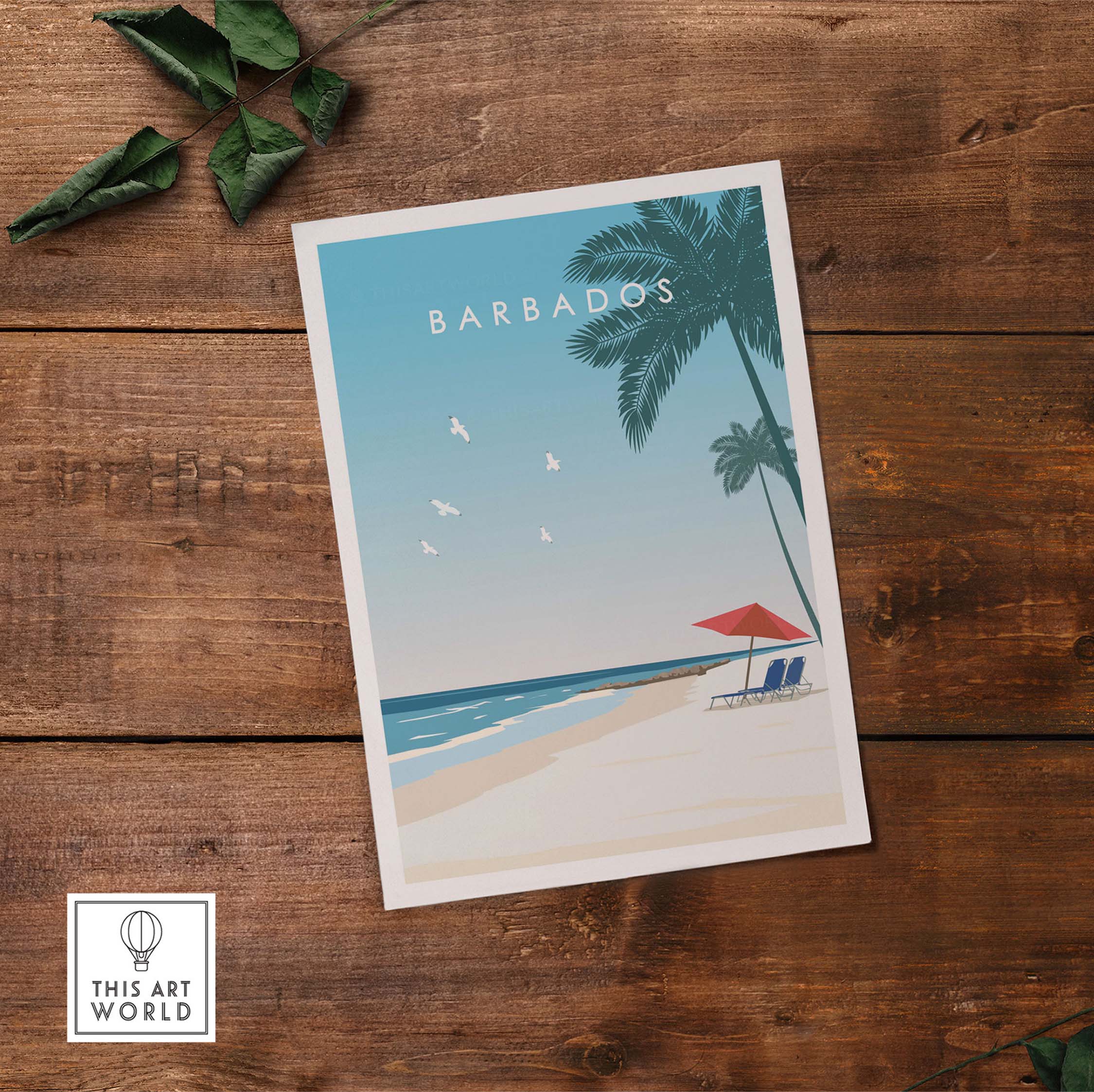 Barbados travel poster art featuring a beach scene with palm trees and a red chair, perfect for home decor.