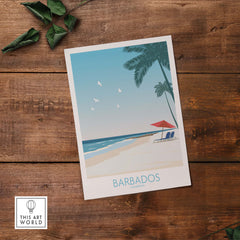 Barbados Print depicting a serene beach scene with palm trees and ocean waves, evoking wanderlust and nostalgia.
