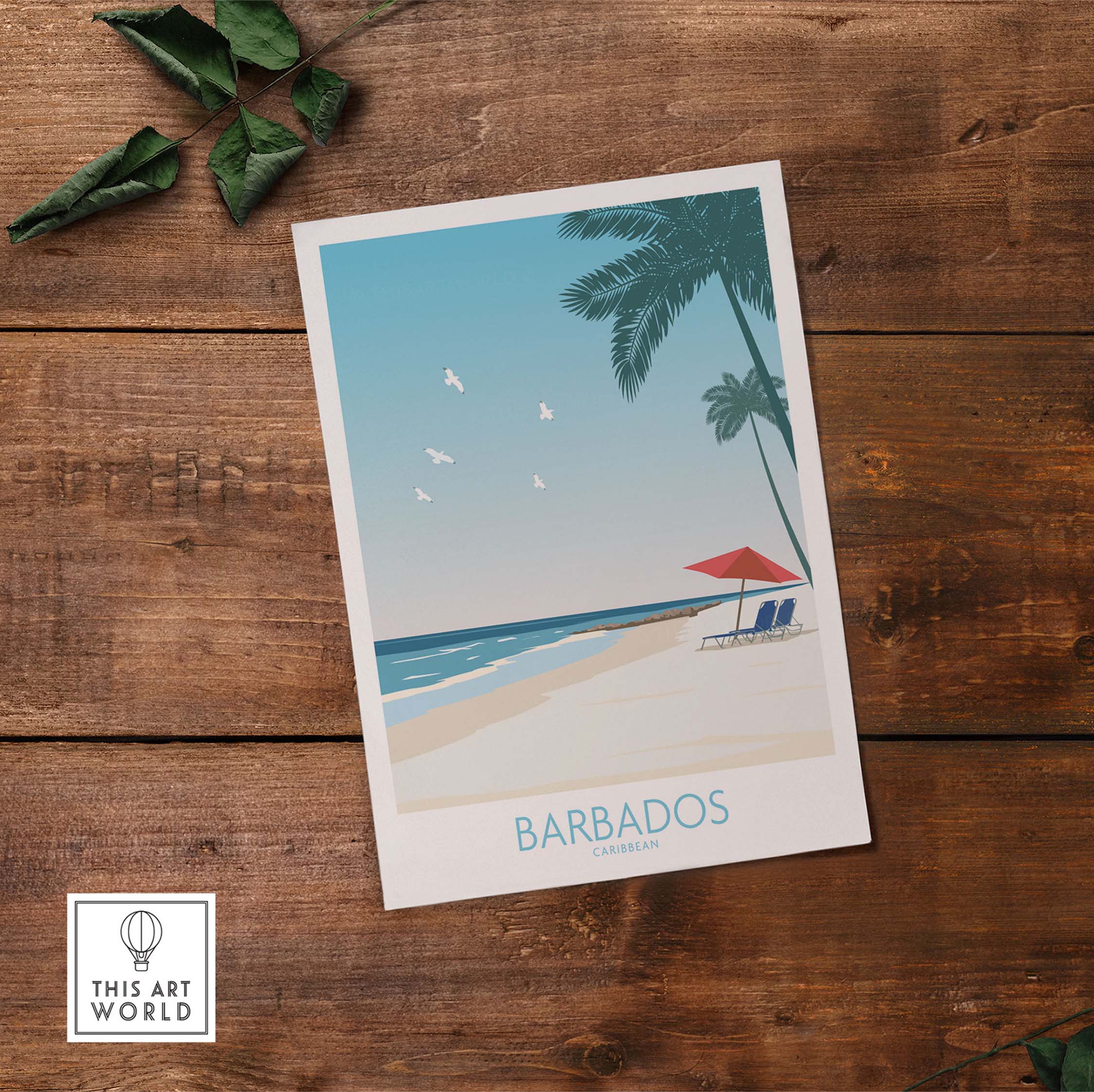Barbados Print depicting a serene beach scene with palm trees and ocean waves, evoking wanderlust and nostalgia.