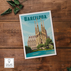 Vintage Barcelona print poster featuring iconic architecture, perfect for stylish wall art decor.
