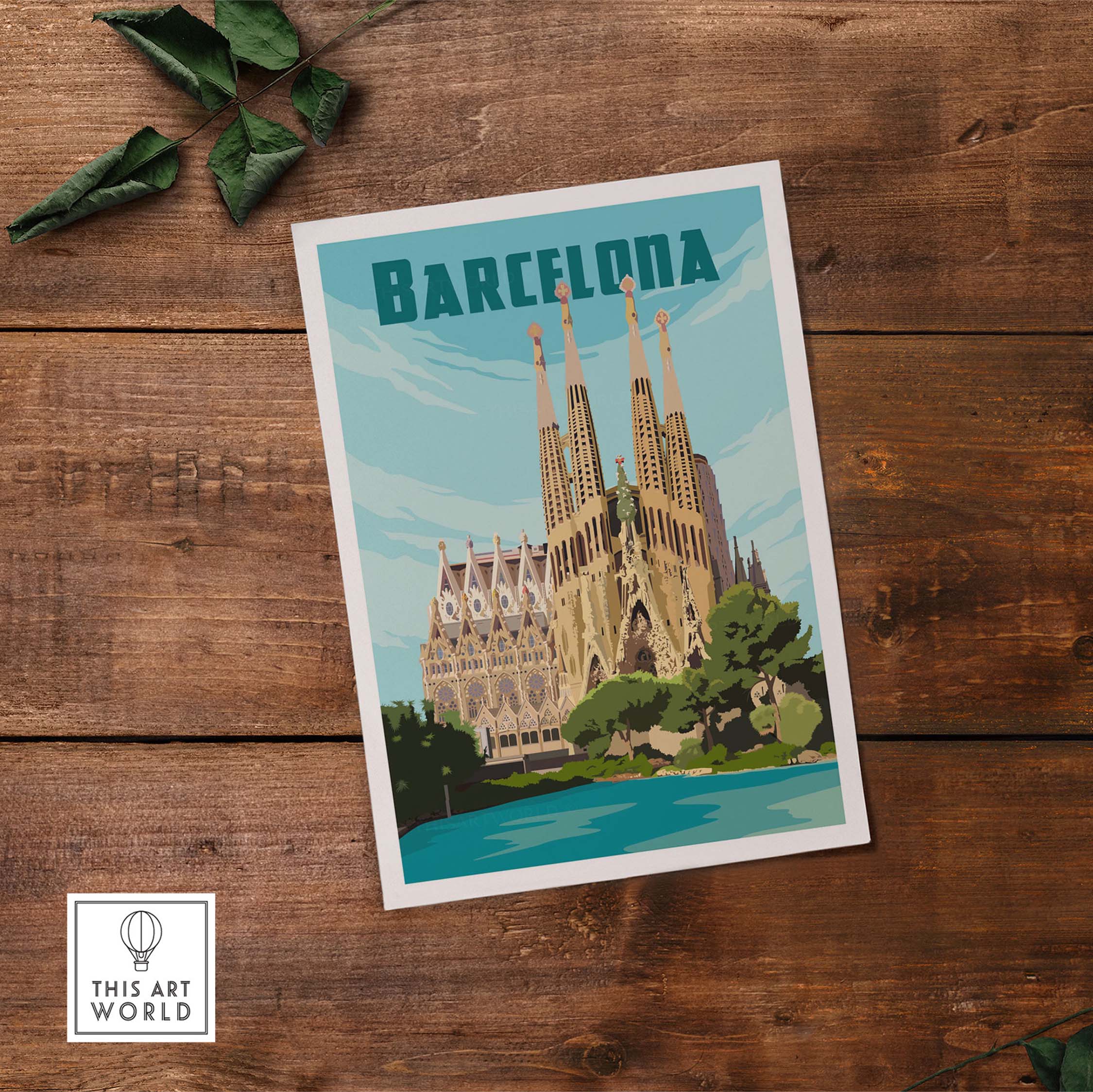 Vintage Barcelona print poster featuring iconic architecture, perfect for stylish wall art decor.