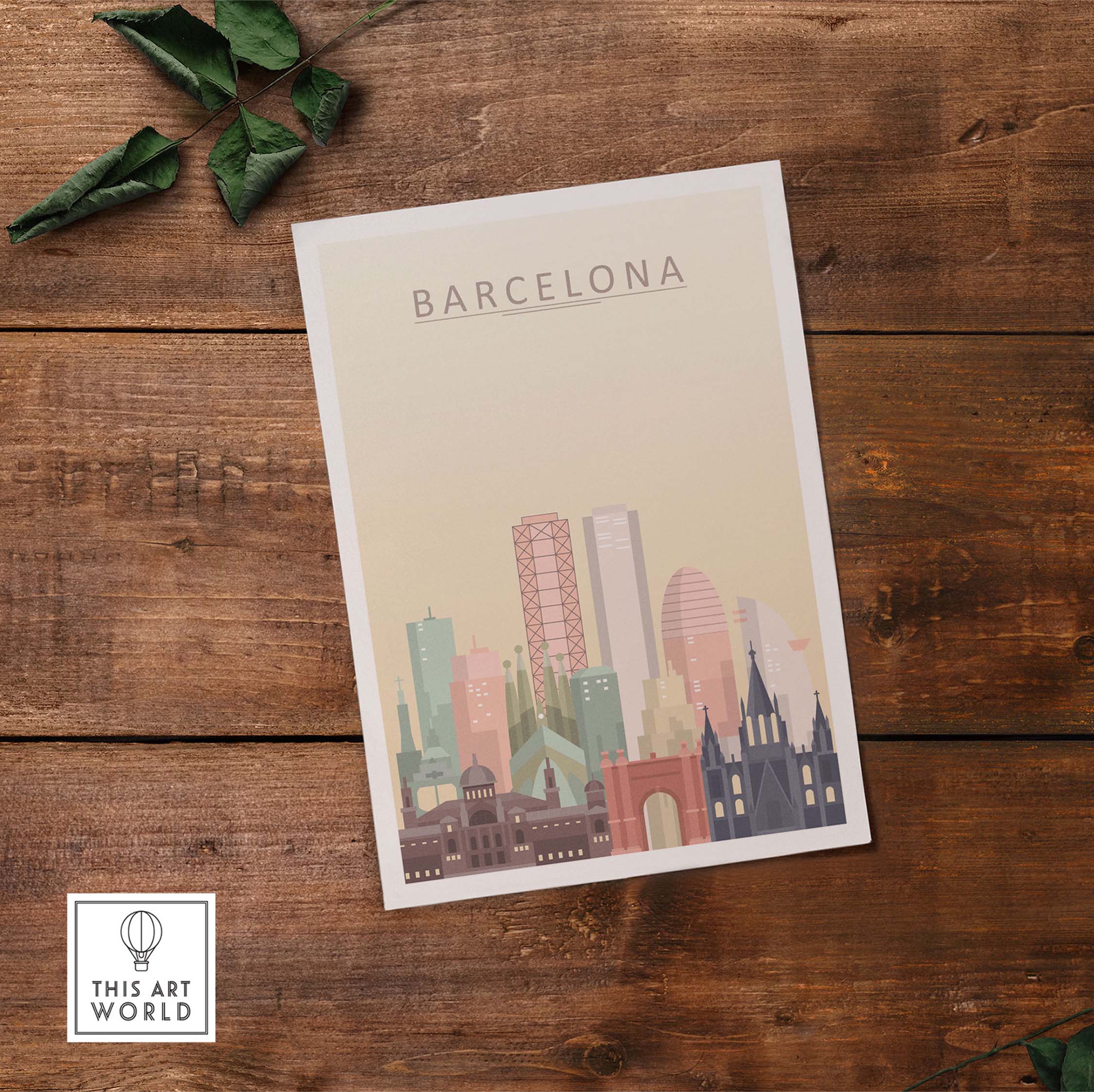 Barcelona skyline print wall art featuring iconic buildings in warm pastel tones on a wooden background.