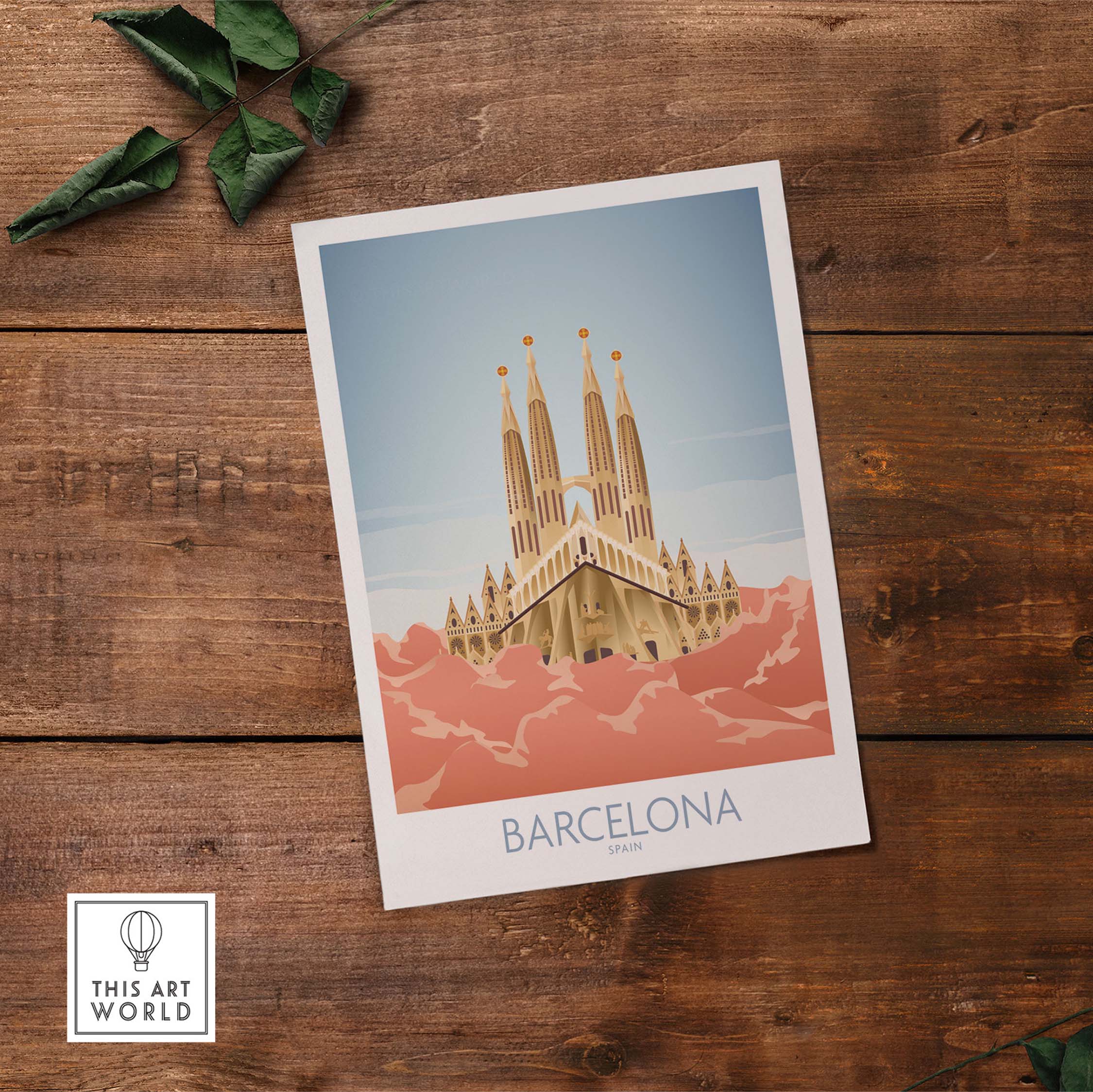 Barcelona Wall Art Print featuring the Sagrada Familia, inspired by vintage travel posters, on a rustic wooden background.