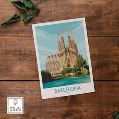 Barcelona poster featuring Sagrada Familia, vibrant travel art print inspired by vintage designs.