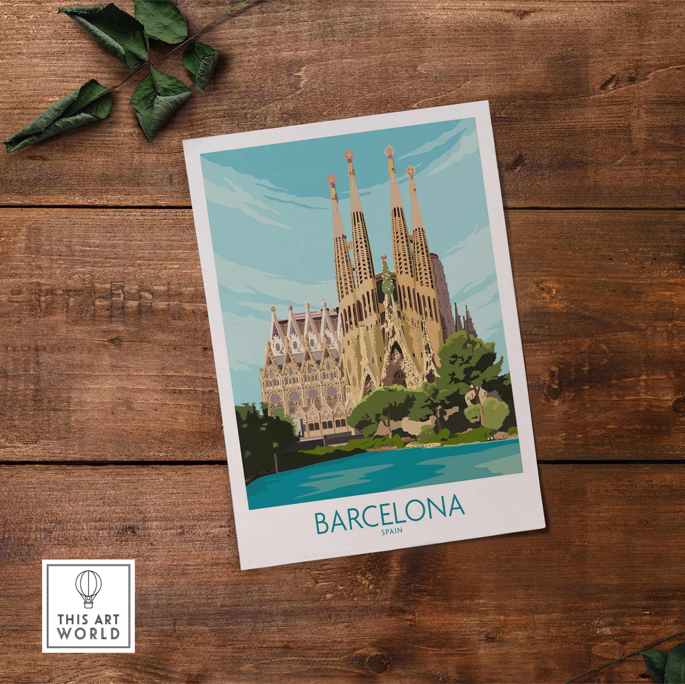 Barcelona poster featuring Sagrada Familia, vibrant travel art print inspired by vintage designs.