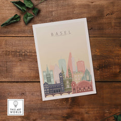 Basel City Skyline Wall Art Print featuring iconic architecture in warm pastel tones on wood background.