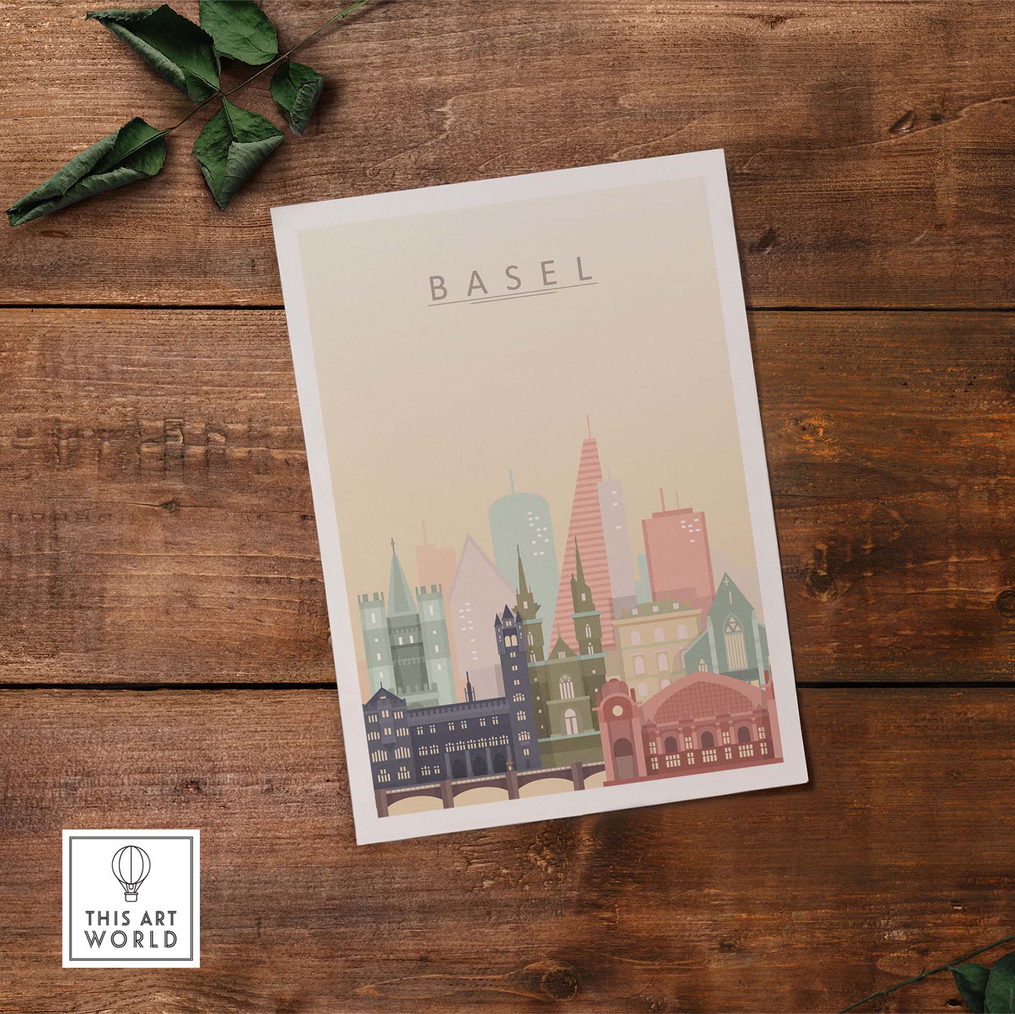 Basel City Skyline Wall Art Print featuring iconic architecture in warm pastel tones on wood background.