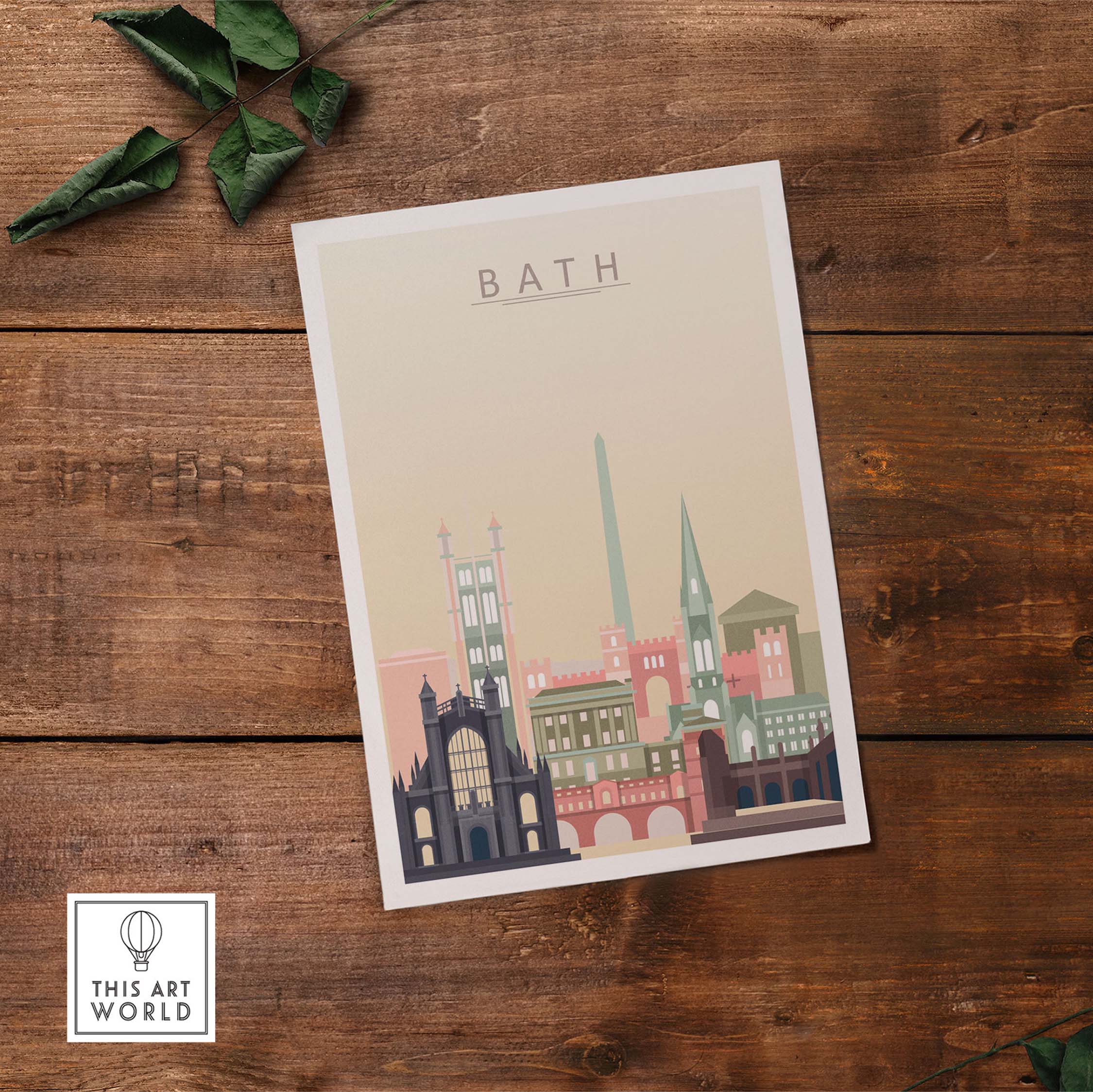 Bath England skyline poster featuring iconic architecture in warm pastel tones on a wooden background.