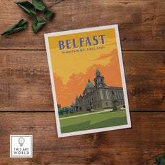 Belfast Print Northern Ireland travel poster showcasing iconic architecture and vibrant colors, perfect for home or office decor.