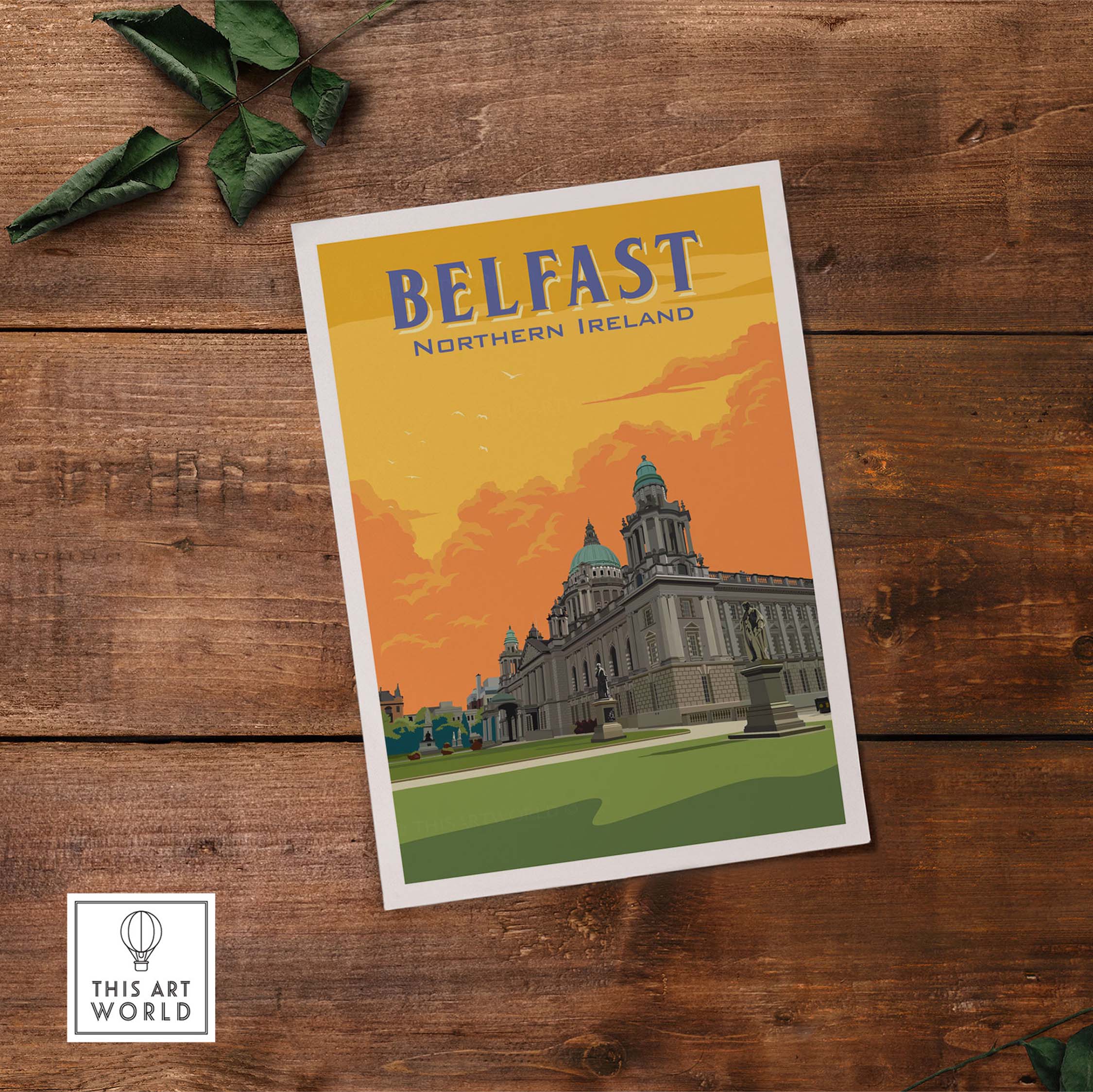 Belfast Print Northern Ireland travel poster showcasing iconic architecture and vibrant colors, perfect for home or office decor.