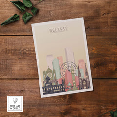 Belfast skyline print featuring iconic architecture in warm pastel tones, perfect for home or office decor.