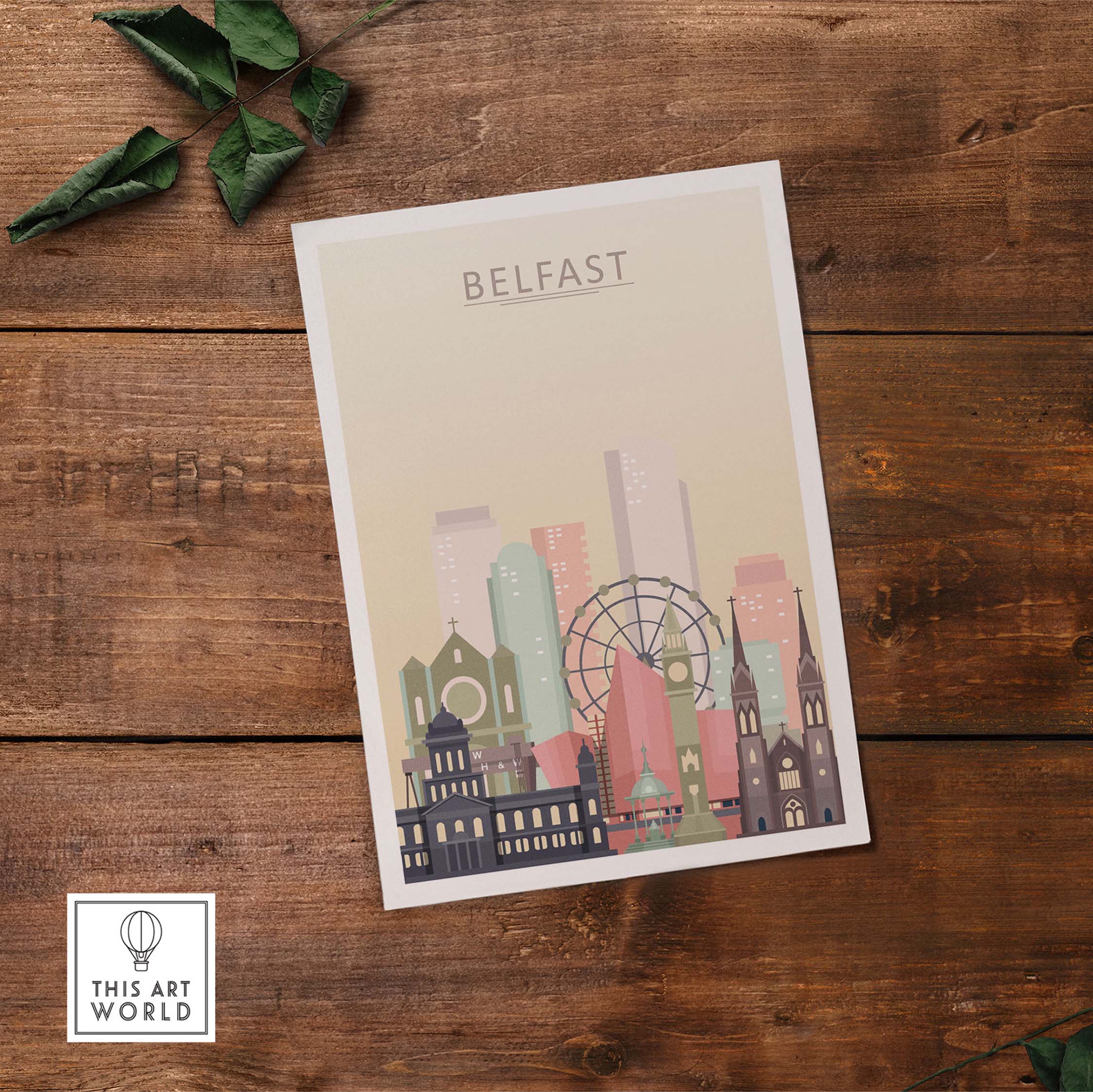 Belfast skyline print featuring iconic architecture in warm pastel tones, perfect for home or office decor.