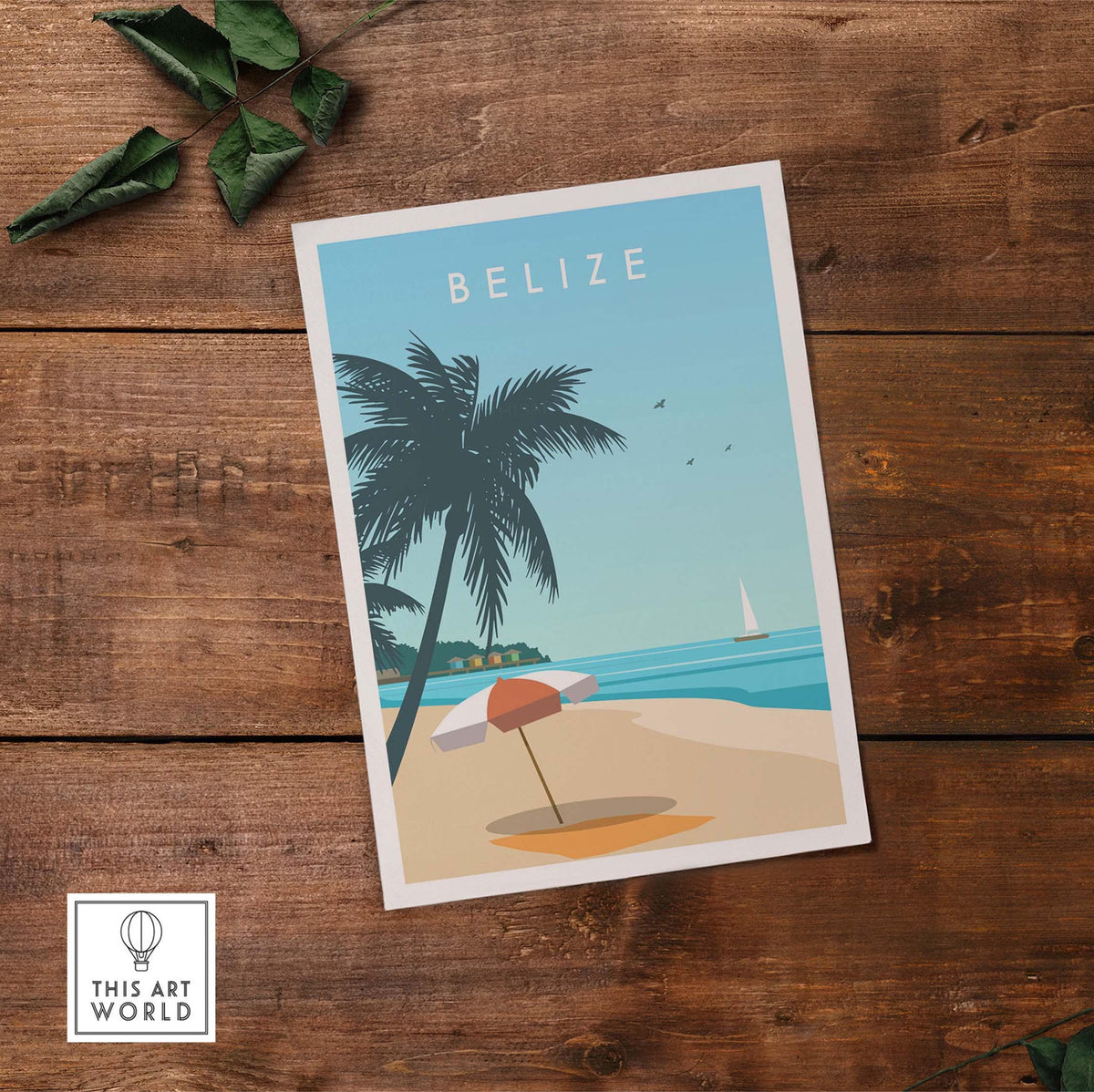 Belize travel poster print showcasing a beach scene with palm trees and an umbrella on a wooden background.