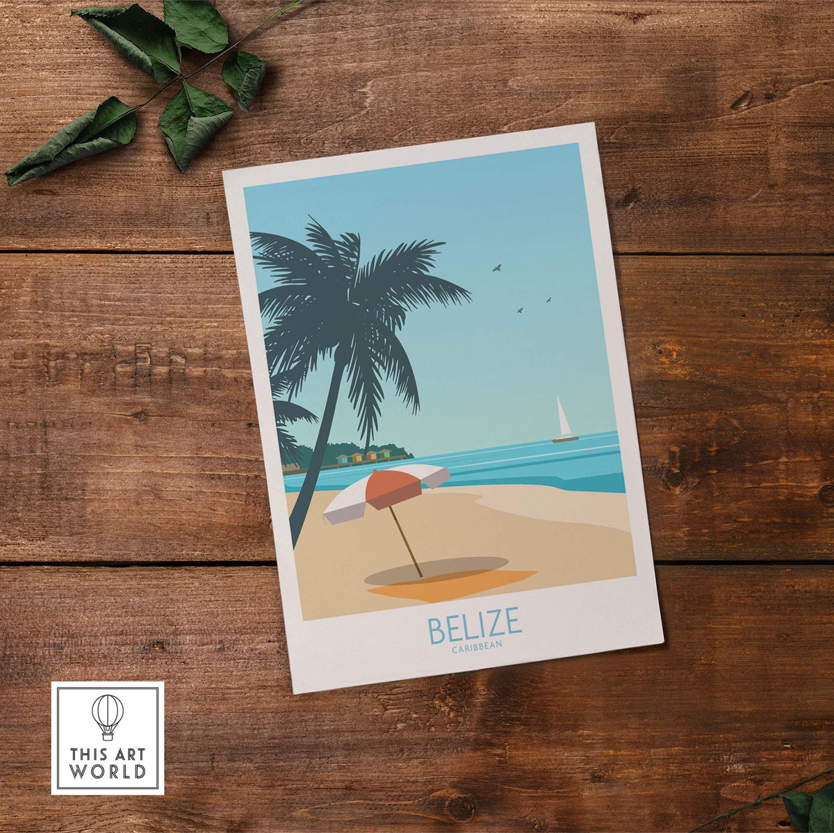 Belize travel poster showcasing a tropical beach scene with palm trees and a sailboat in the background.