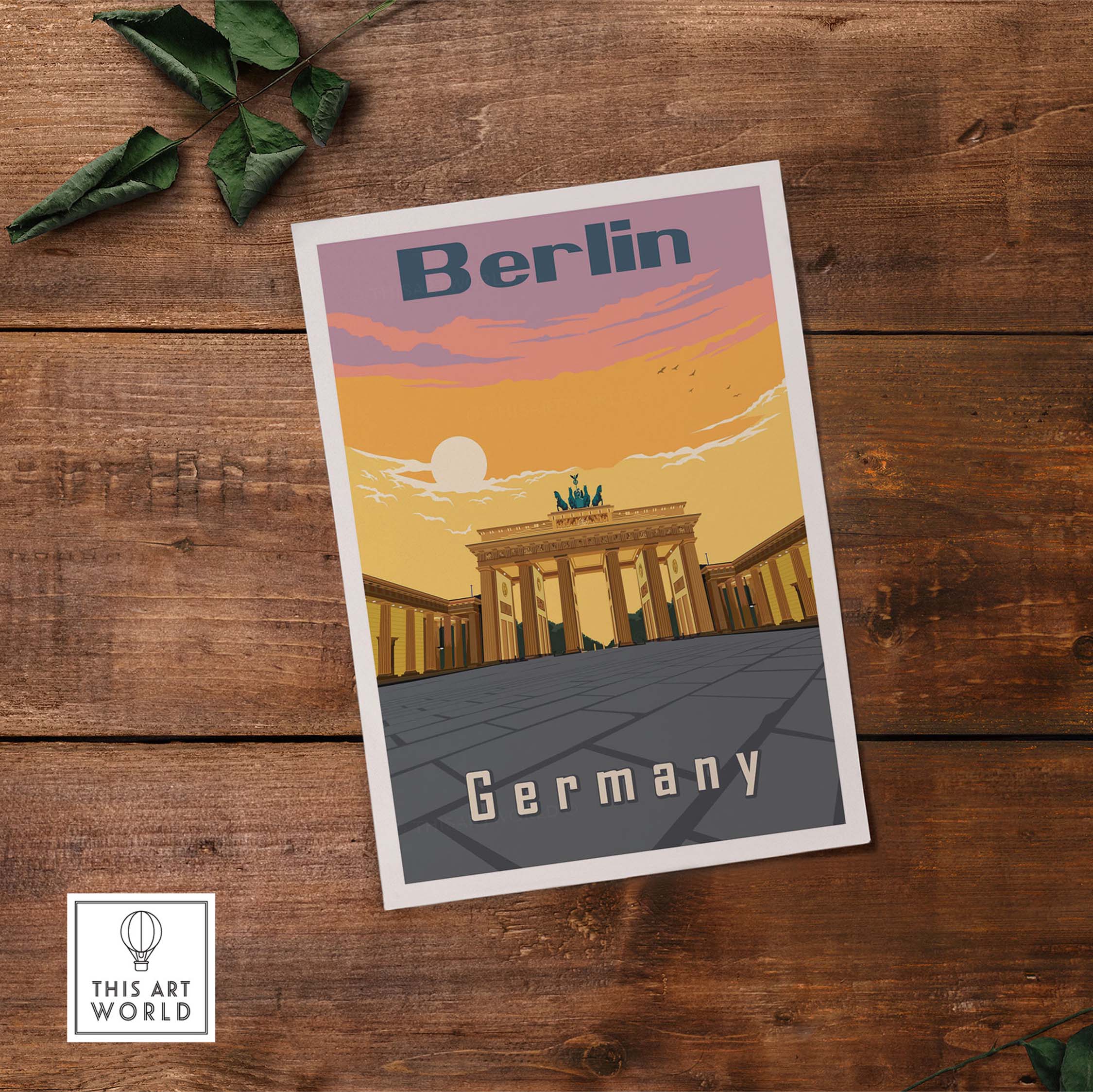 Berlin travel poster print featuring the Brandenburg Gate, vintage style artwork, perfect for home or office decor.