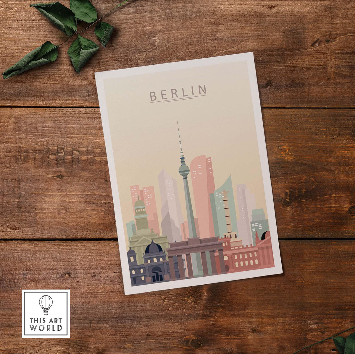 Berlin city skyline wall art print featuring iconic architecture in warm pastel tones.