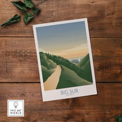 Minimalist Big Sur California art print featuring scenic landscape and bridge, perfect for home or office decor.
