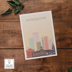 Birmingham Skyline Print showcasing iconic buildings in warm pastel tones, perfect for wall art in home or office.
