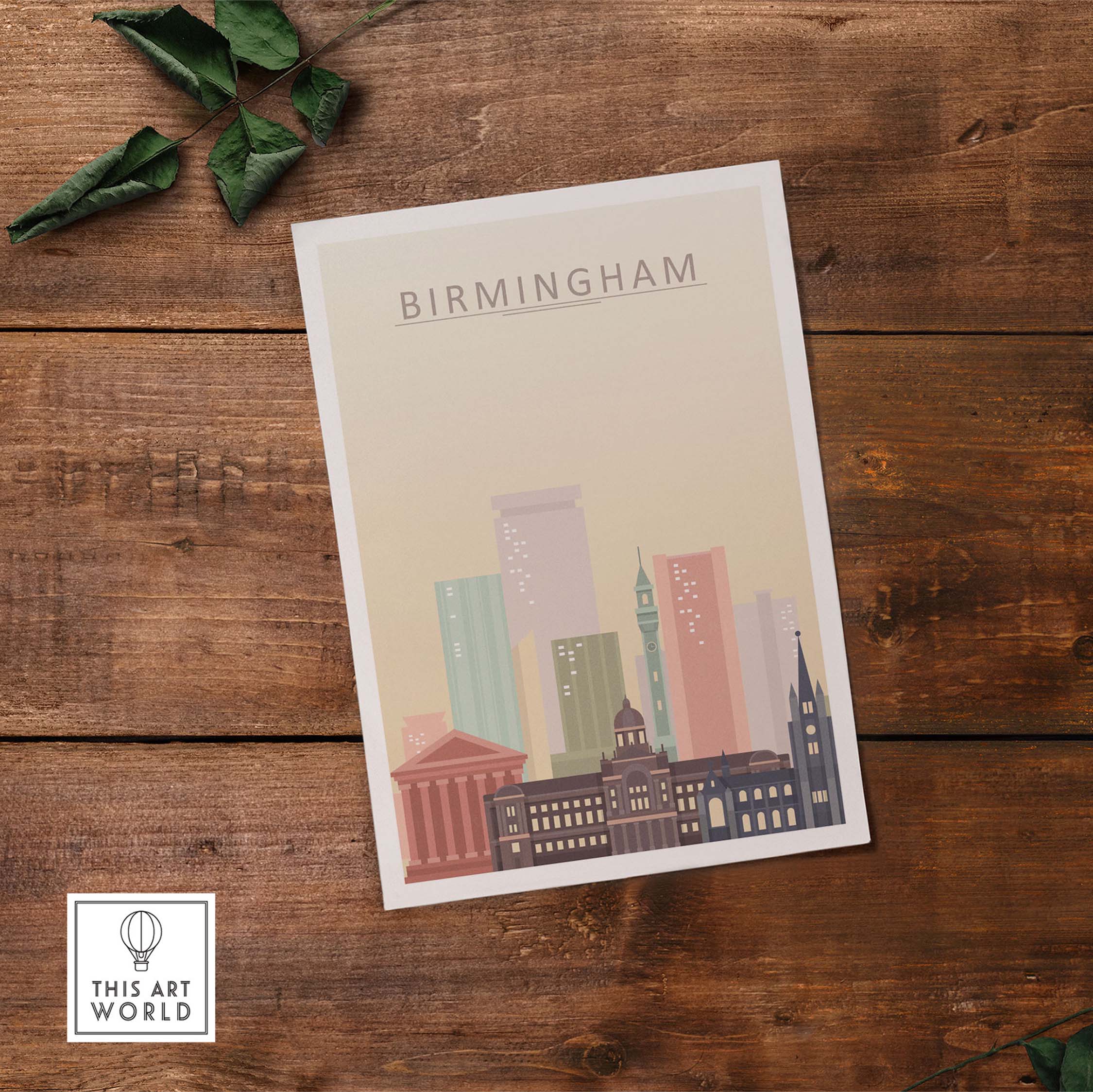 Birmingham Skyline Print showcasing iconic buildings in warm pastel tones, perfect for wall art in home or office.