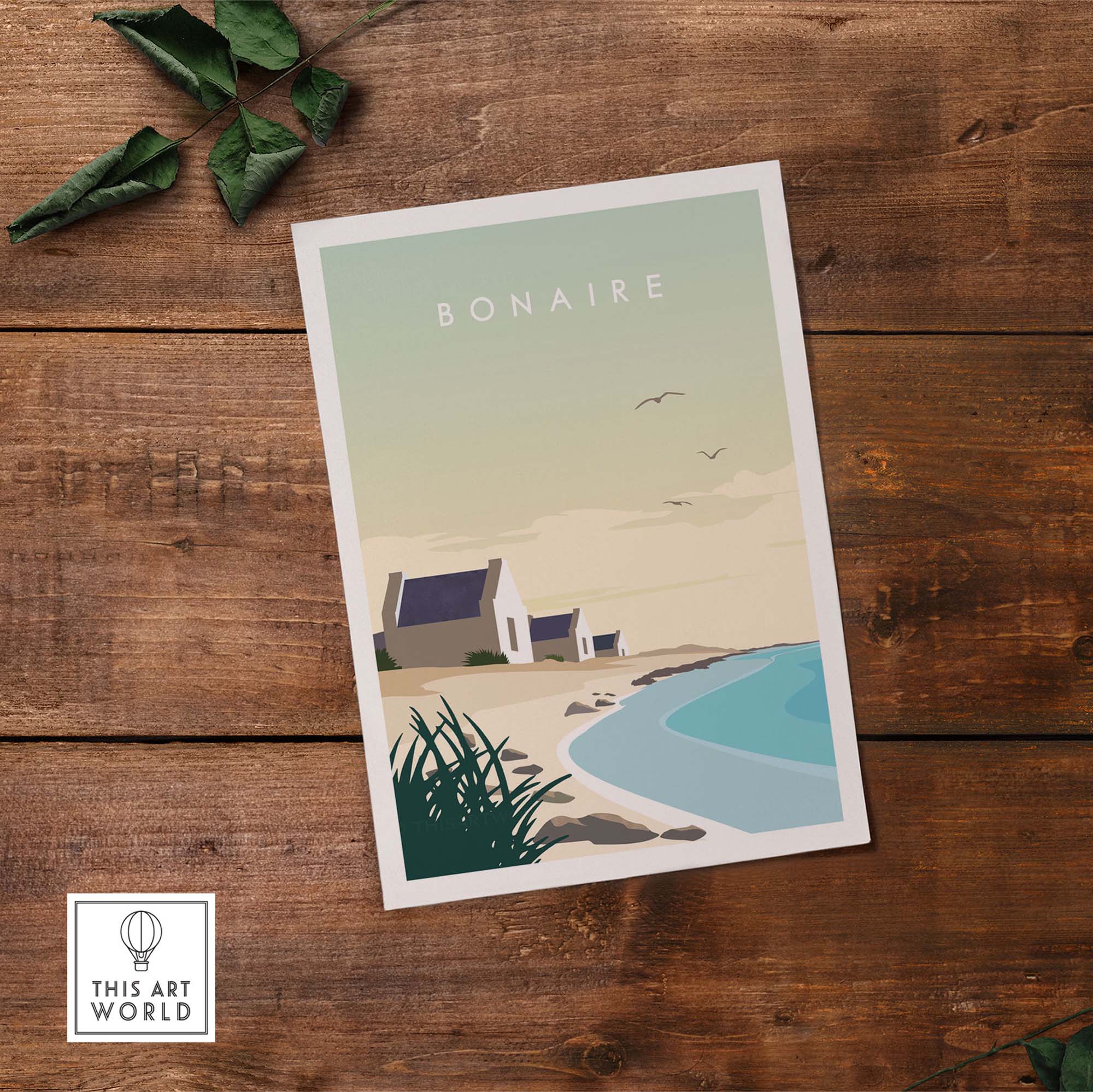 Bonaire travel poster print in minimalist style, showcasing a serene coastal scene with beach and houses.