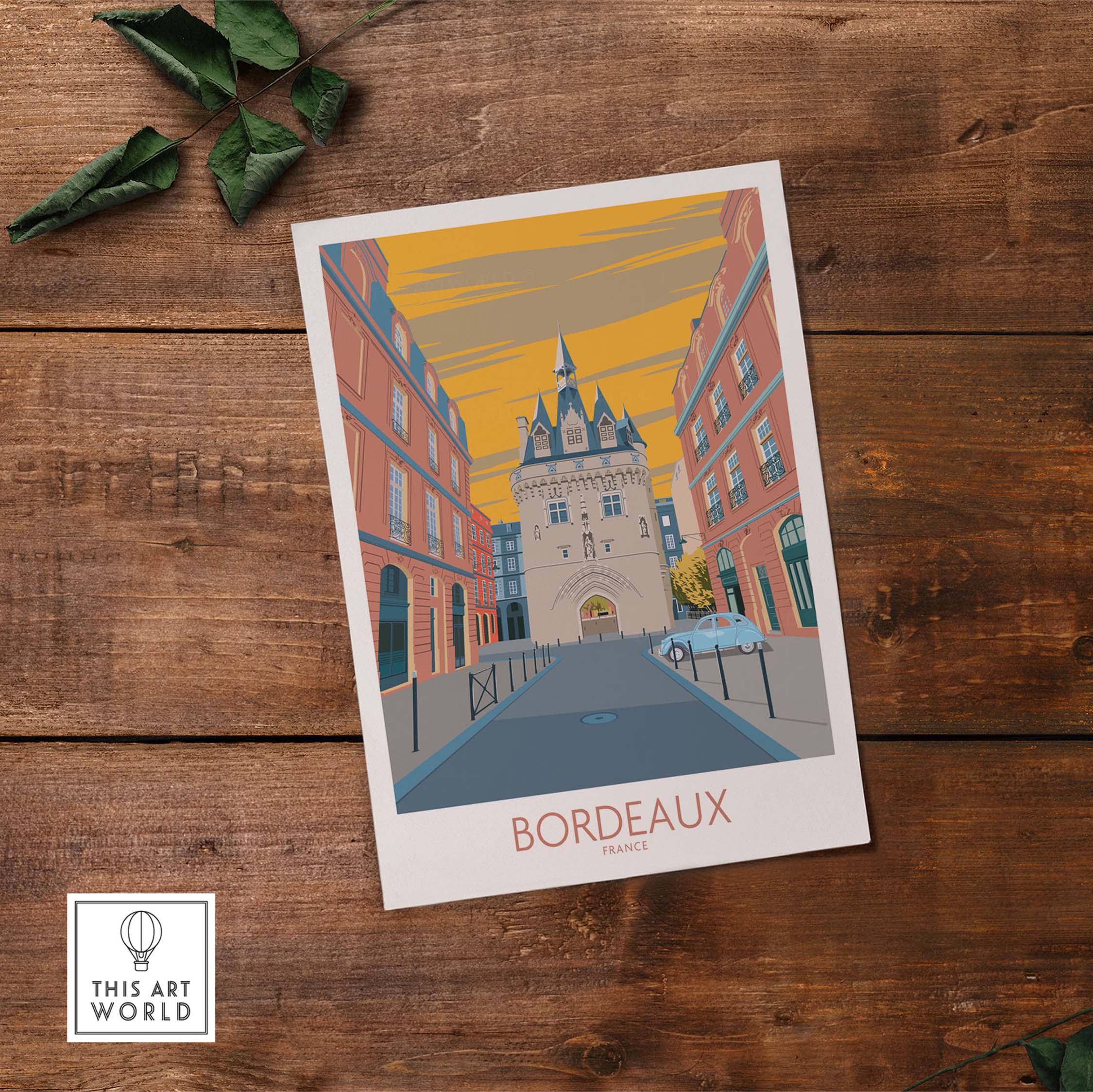 Vintage Bordeaux travel poster showcasing iconic French architecture and vibrant colors.