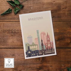 Bradford city skyline poster featuring pastel tones and iconic architecture on wooden background.