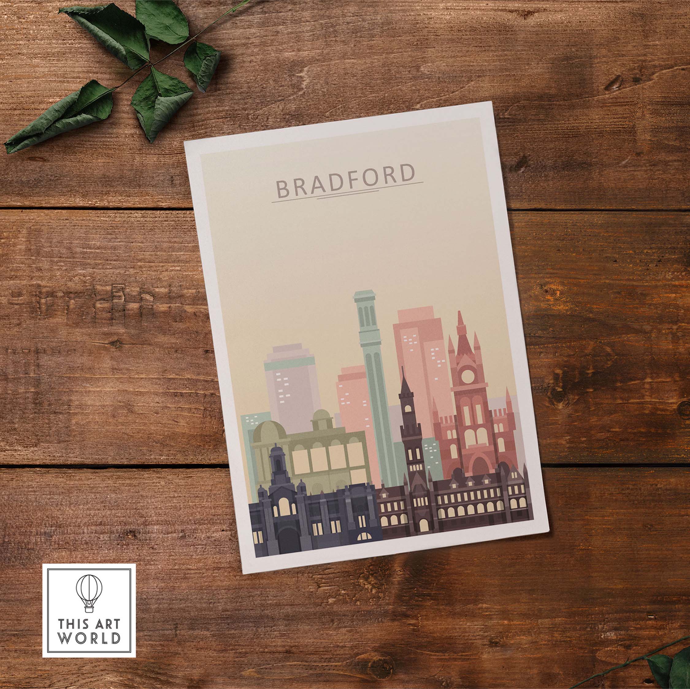 Bradford city skyline poster featuring pastel tones and iconic architecture on wooden background.