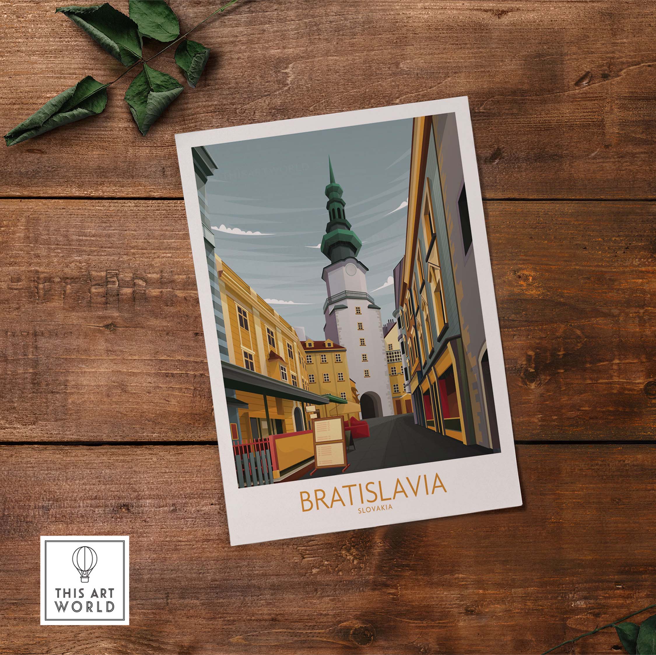 Bratislava Art Print featuring a minimalist design inspired by vintage travel posters, showcasing a historic Slovakian building.