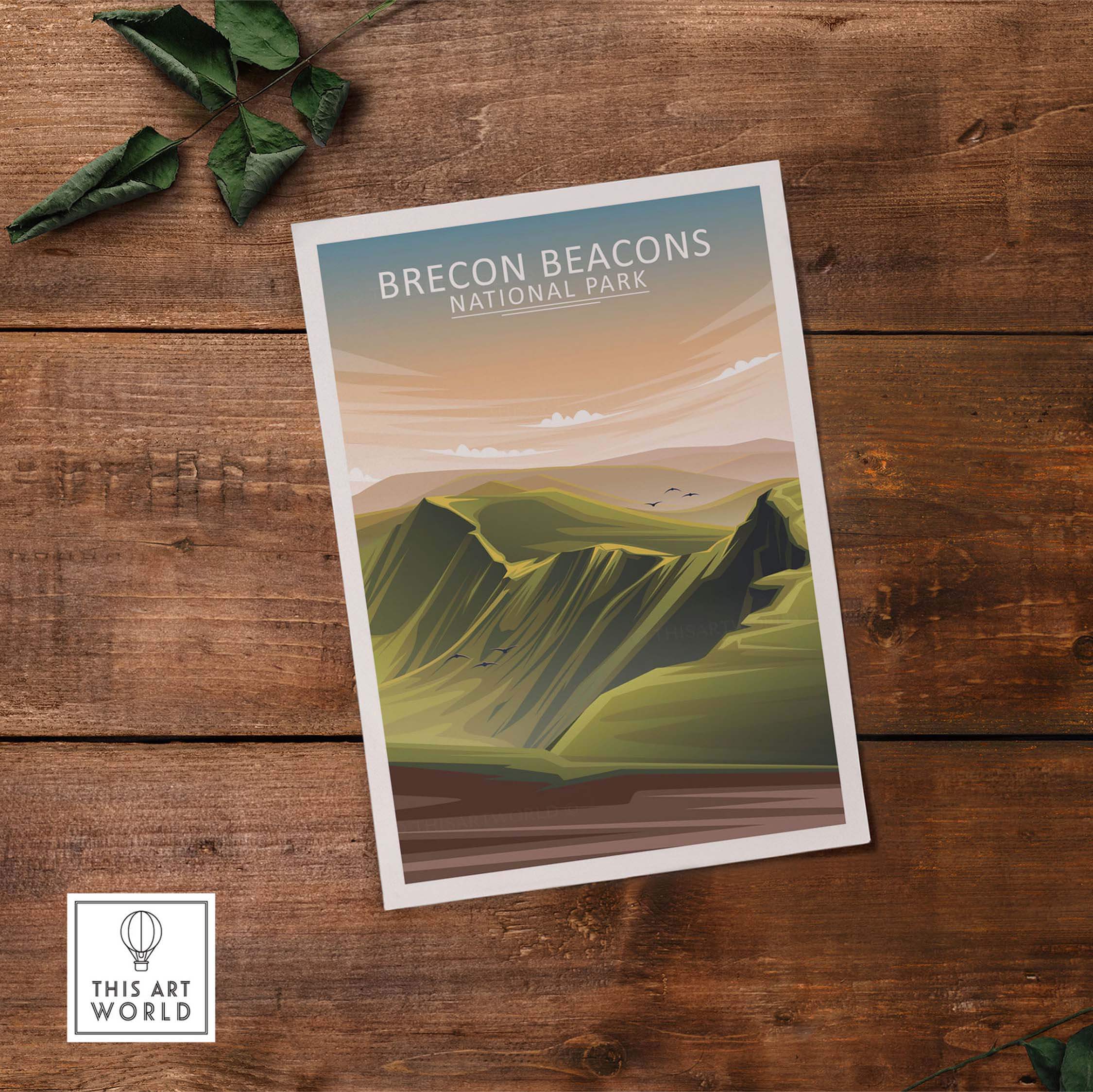 Brecon Beacons National Park minimalist poster on wooden background showcasing natural landscapes.