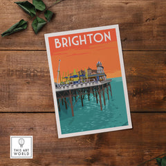 Brighton vintage print poster featuring the pier against a colorful sunset, ideal for home or office decor.