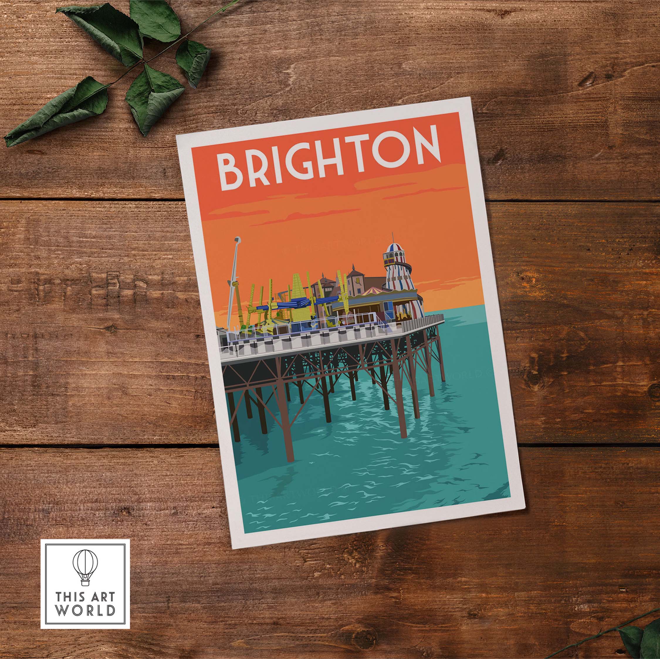 Brighton vintage print poster featuring the pier against a colorful sunset, ideal for home or office decor.