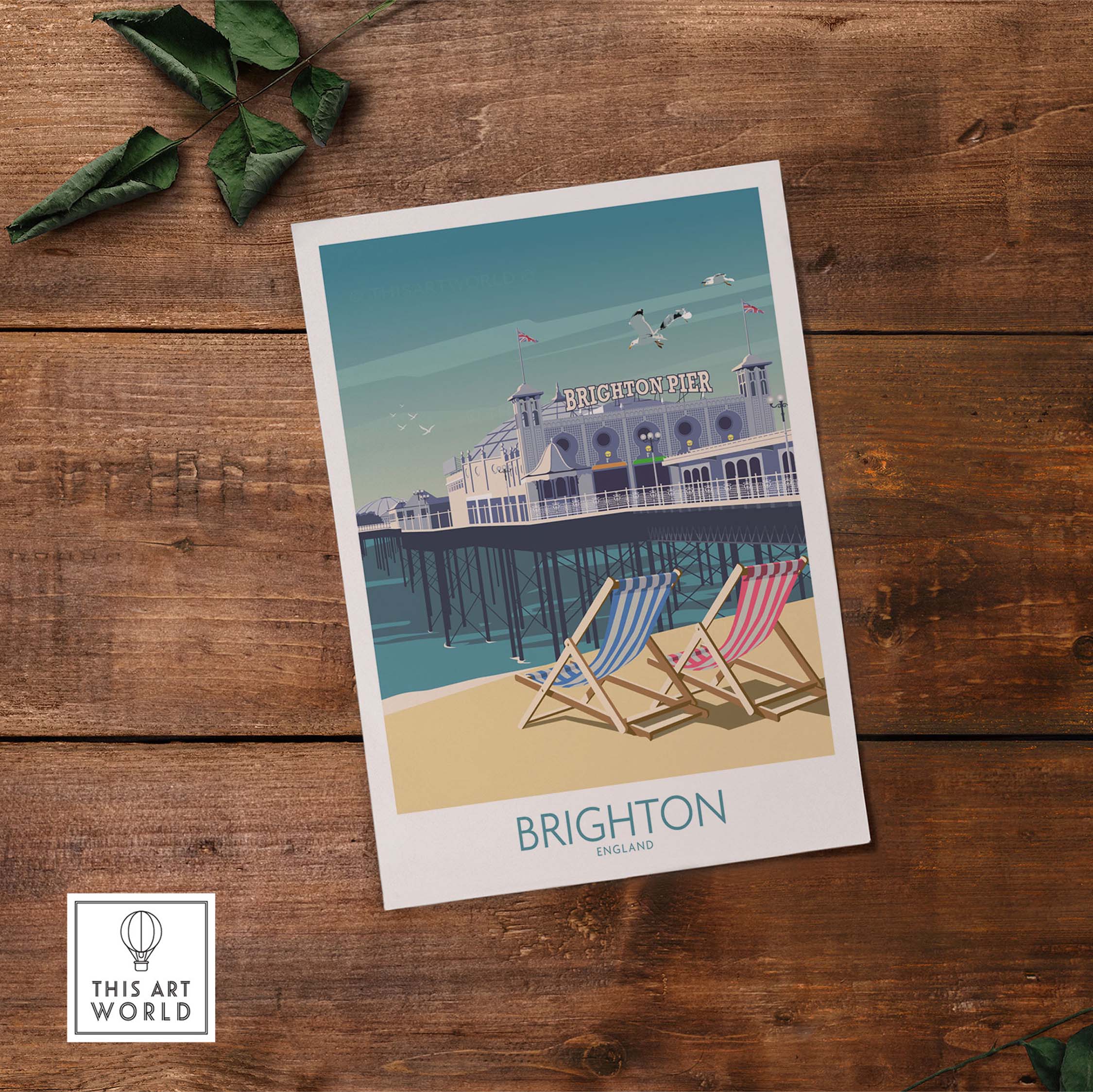 Brighton Print featuring Brighton Pier and beach chairs, inspired by vintage travel artwork for home decor.