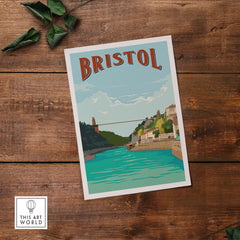 Vintage Bristol Print Poster featuring Clifton Suspension Bridge and scenic river view, perfect for stylish wall art.