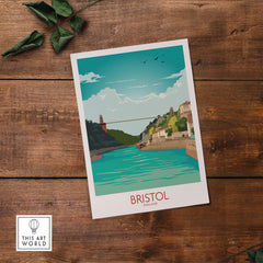 Bristol travel poster featuring the Clifton Suspension Bridge over a serene river, inspired by vintage designs.