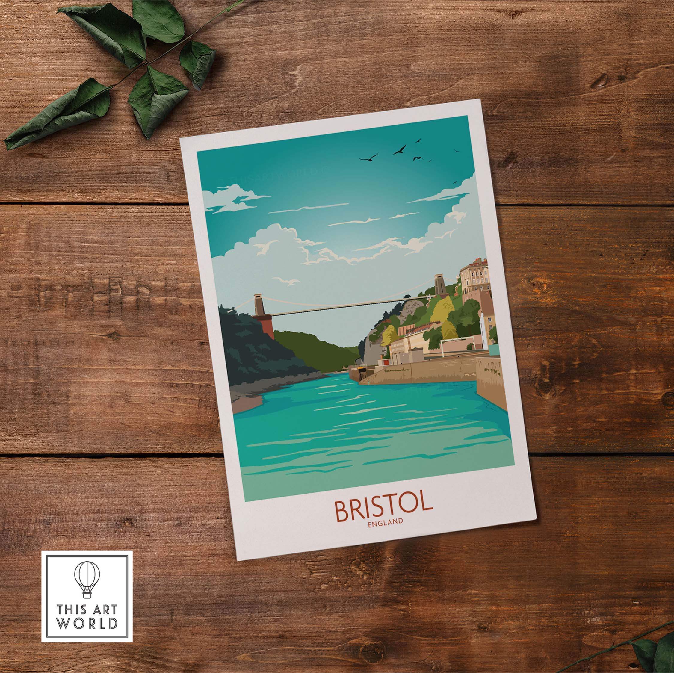 Bristol travel poster featuring the Clifton Suspension Bridge over a serene river, inspired by vintage designs.