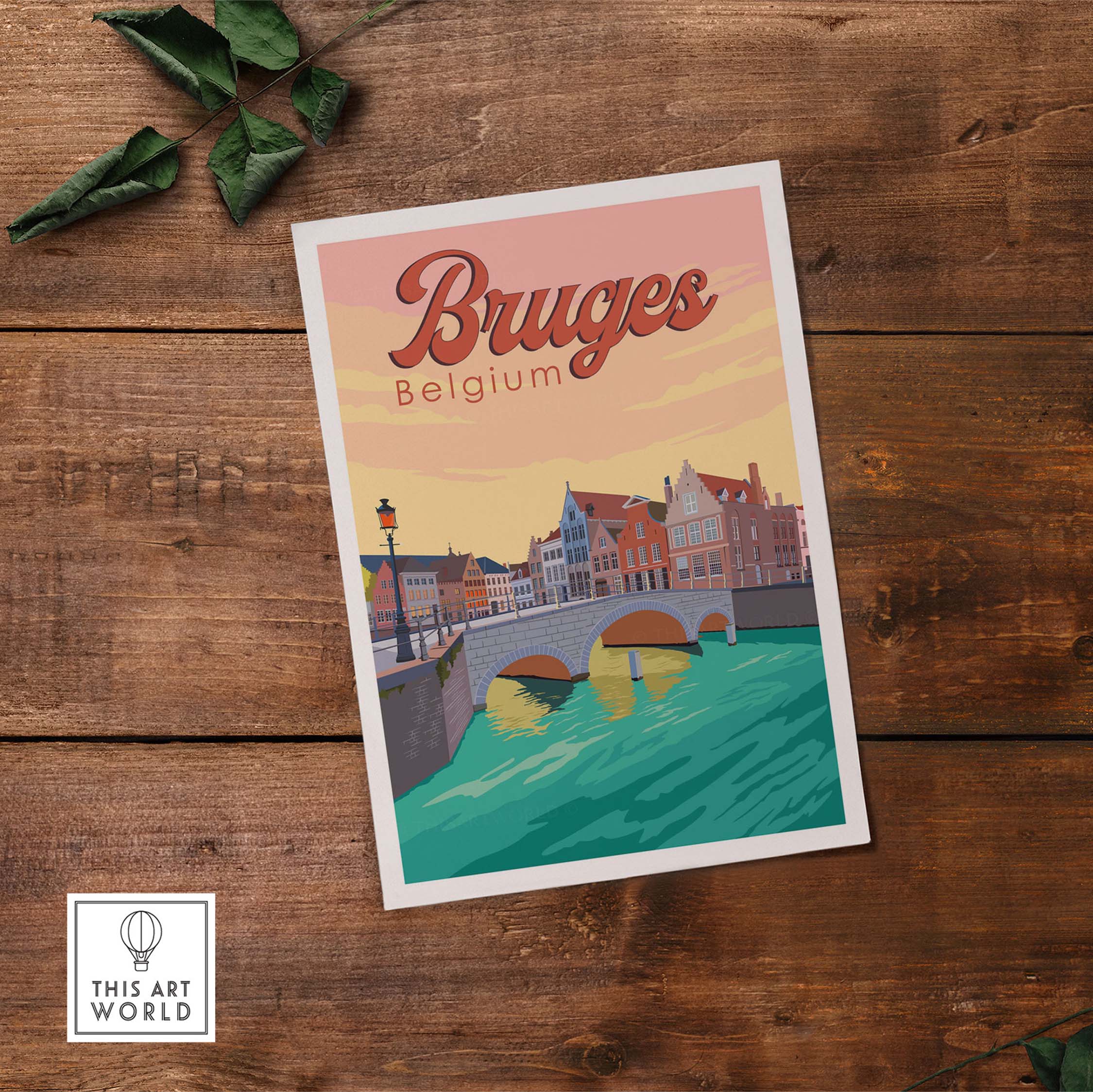 Bruges vintage print poster art featuring the Augustijnenbrug and colorful buildings, perfect for home decor.