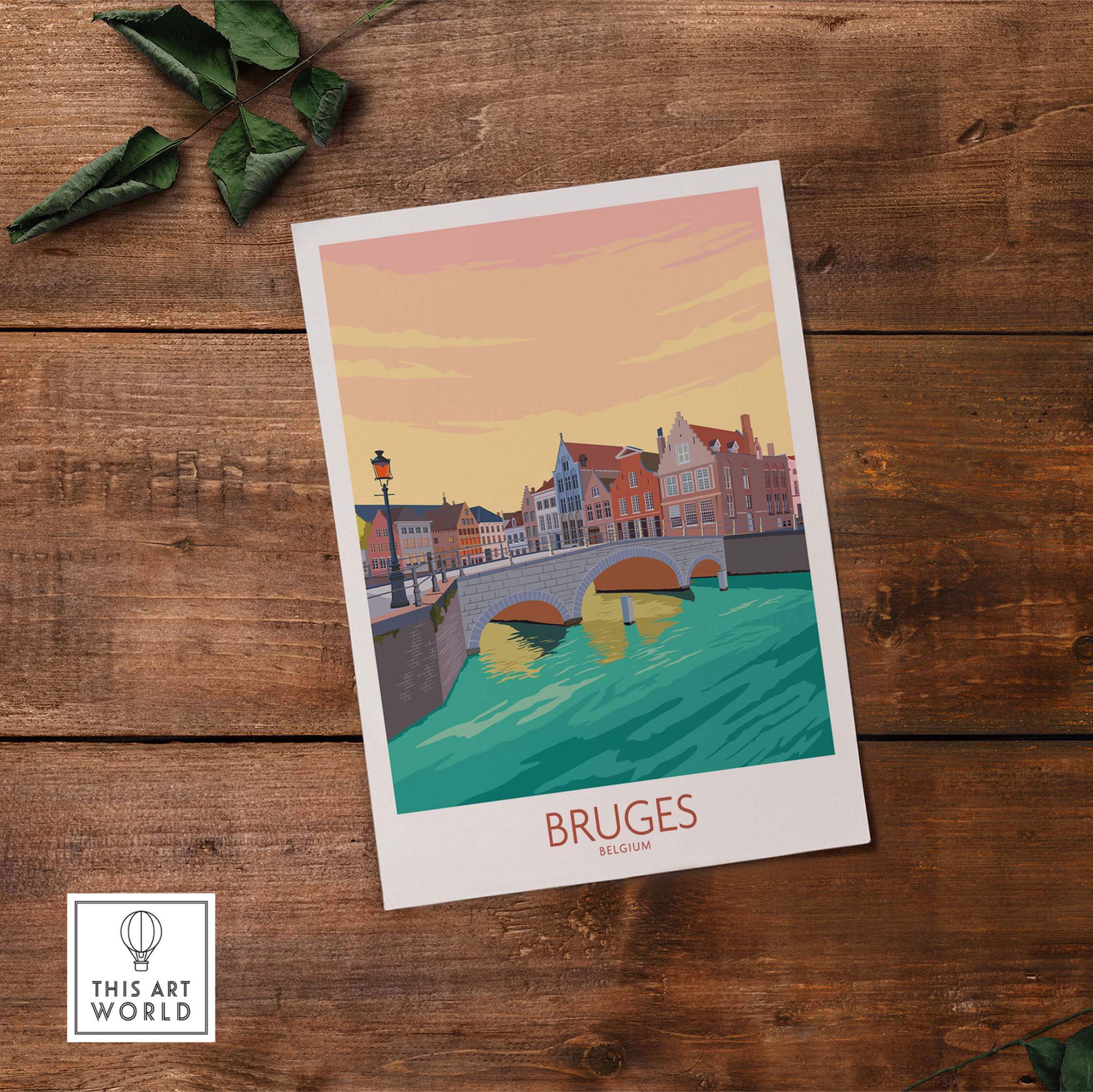 Vintage Bruges Belgium poster showing charming canals and architecture for travel-inspired home decor.