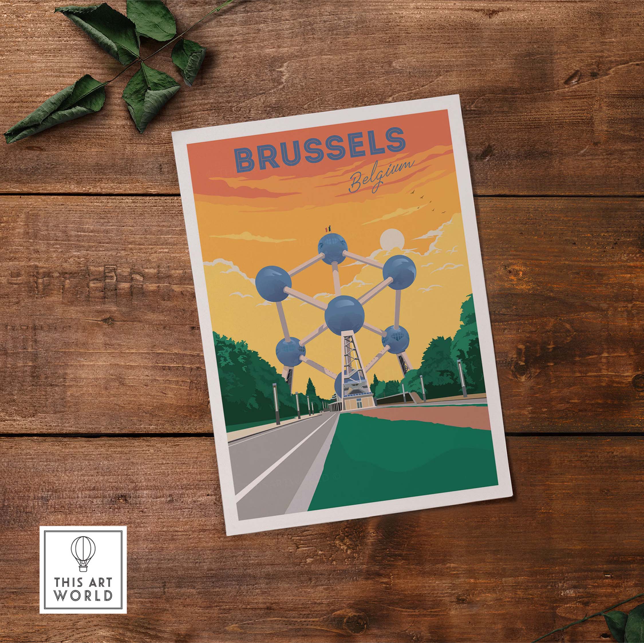 Brussels travel poster featuring the Atomium in vibrant colors, perfect for wanderlust and home decor.