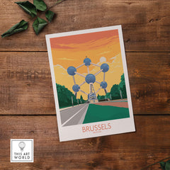 Brussels poster featuring the Atomium with sunset colors, perfect for Belgium travel decor.