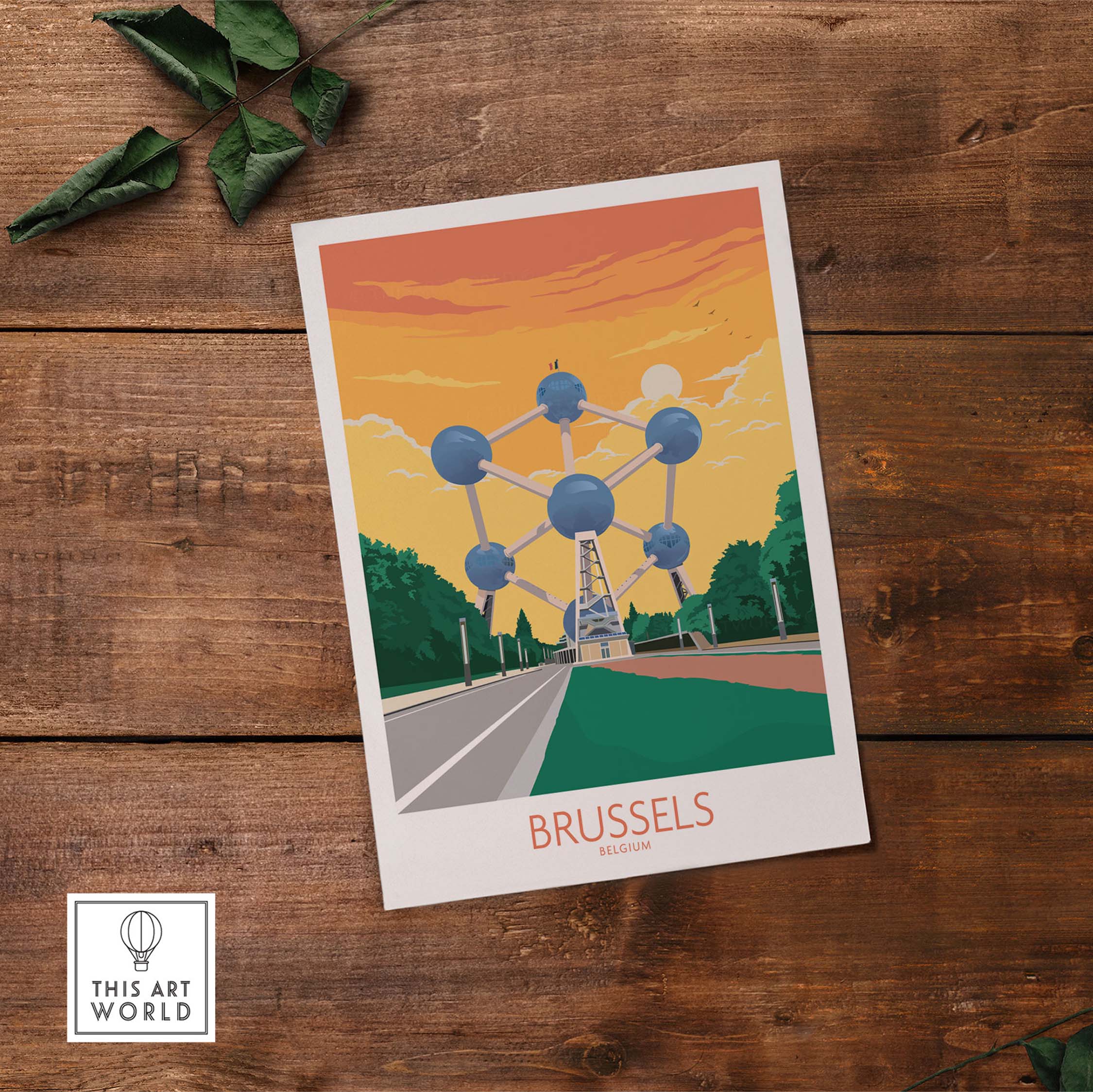 Brussels poster featuring the Atomium with sunset colors, perfect for Belgium travel decor.