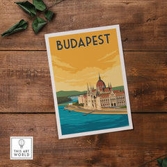 Budapest vintage print poster art featuring iconic architecture and serene water scene, perfect for home decor.
